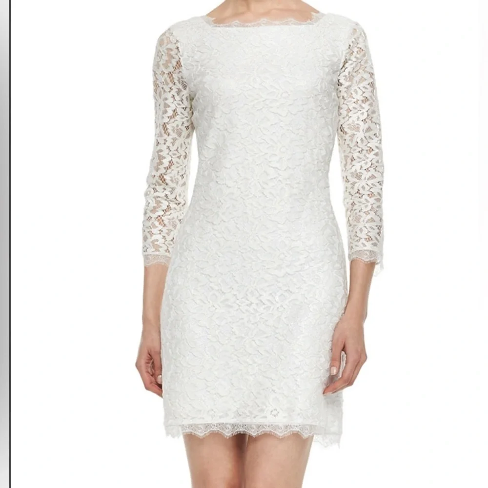 'Diane Von Furstenberg Zarita' Lace White Sheath 3/4 Sleeve Dress size 4
